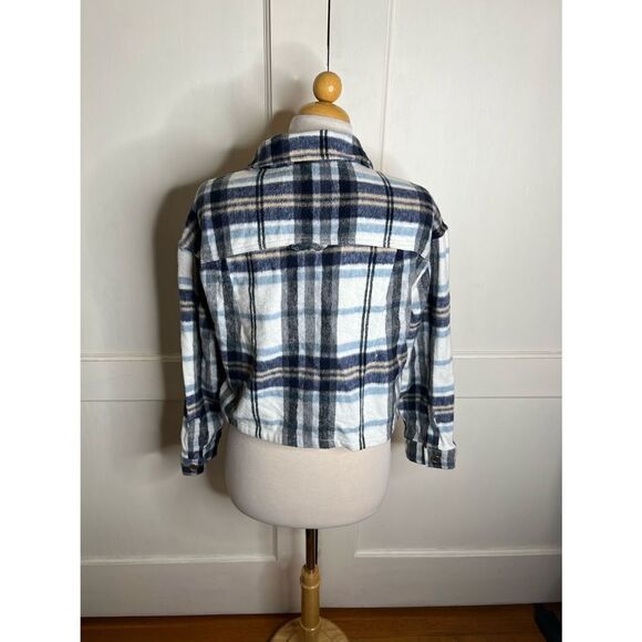 Zara Plaid Blue Flannel Shacket Cropped Button Up Jacket Medium - Picture 8 of 11